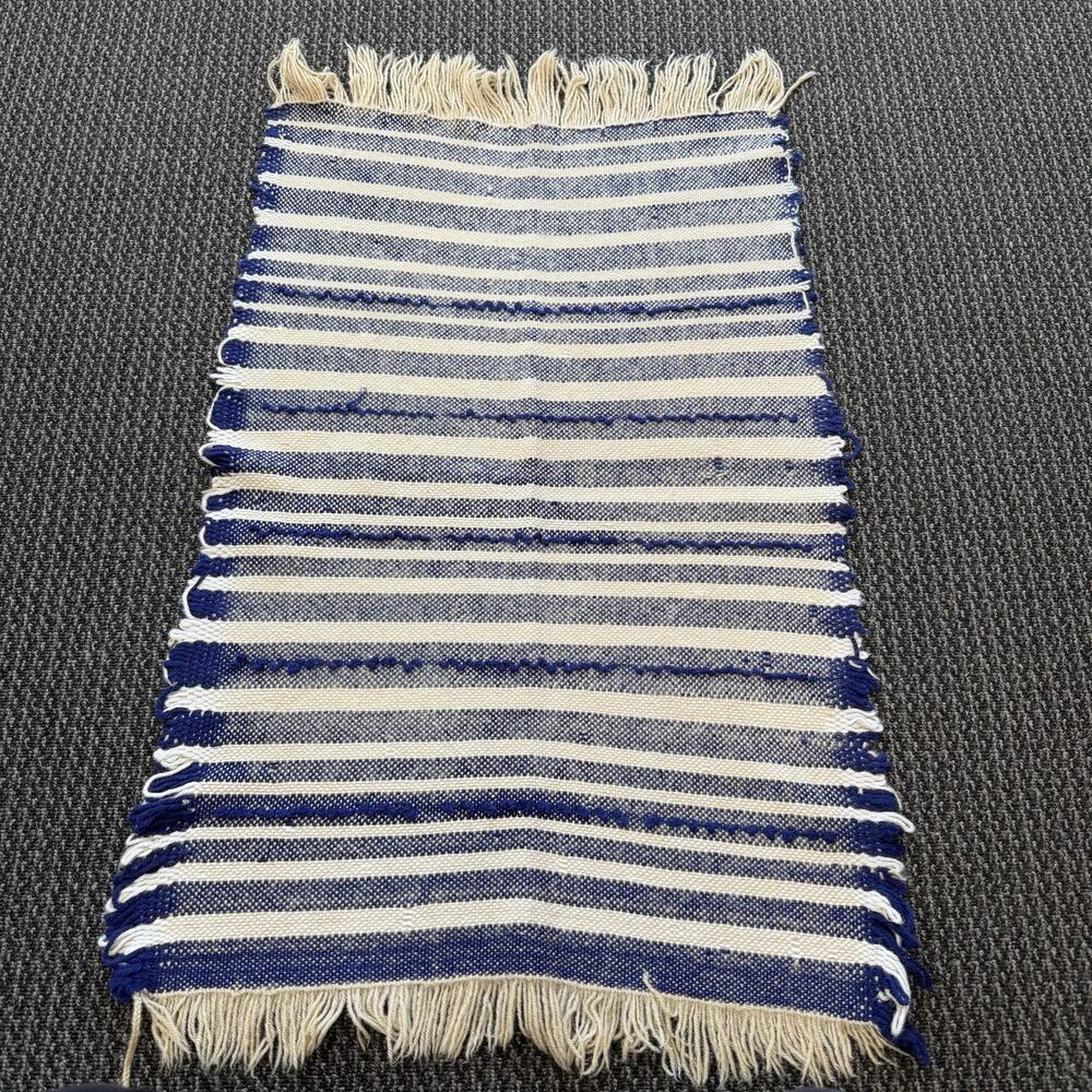 Mexican Artisan Handwoven Flatweave Rug Runner Blue Stripes Fringe 39.5"x26"